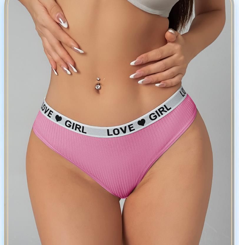 (image for) Women Low Rise Ribbed Knit Thong Panties LOVE GIRL Letter Waistband 100% Nylon Crotch Breathable Seamless Trim Yoga Workout Everyday Intimates