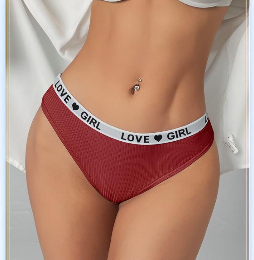 (image for) Women Low Rise Ribbed Knit Thong Panties LOVE GIRL Letter Waistband 100% Nylon Crotch Breathable Seamless Trim Yoga Workout Everyday Intimates