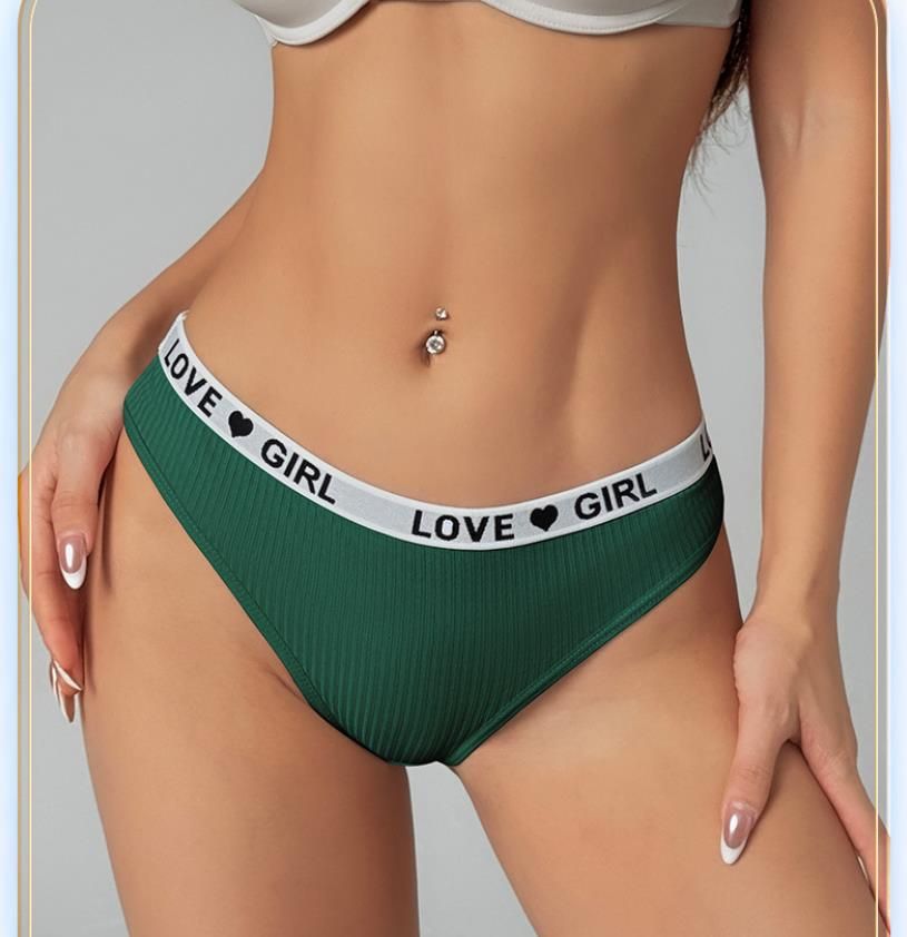 (image for) Women Low Rise Ribbed Knit Thong Panties LOVE GIRL Letter Waistband 100% Nylon Crotch Breathable Seamless Trim Yoga Workout Everyday Intimates