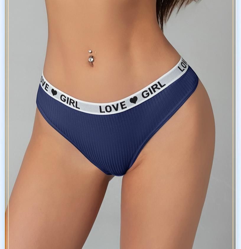 (image for) Women Low Rise Ribbed Knit Thong Panties LOVE GIRL Letter Waistband 100% Nylon Crotch Breathable Seamless Trim Yoga Workout Everyday Intimates
