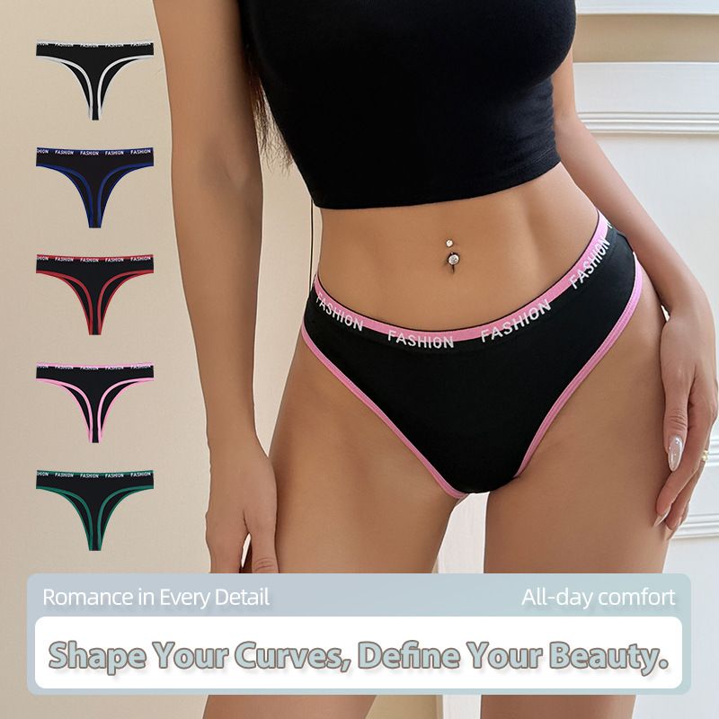 Women Low Rise Letter Print Waistband Color Block Thong Panties Butt Lifting Breathable Cotton Crotch Yoga Gym Workout Sport Intimates (image for) Women Low Rise Letter Print Waistband Color Block Thong Panties Butt Lifting Breathable Cotton Crotch Yoga Gym Workout Sport Intimates