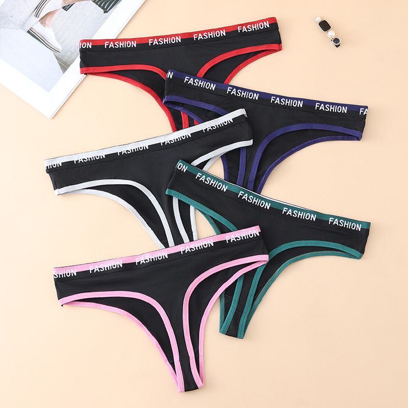 (image for) Women Low Rise Letter Print Waistband Color Block Thong Panties Butt Lifting Breathable Cotton Crotch Yoga Gym Workout Sport Intimates