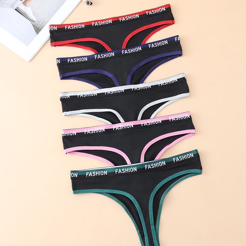 (image for) Women Low Rise Letter Print Waistband Color Block Thong Panties Butt Lifting Breathable Cotton Crotch Yoga Gym Workout Sport Intimates