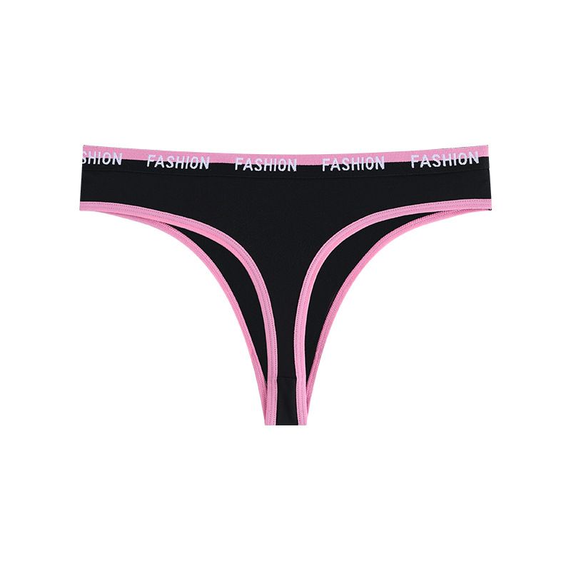 (image for) Women Low Rise Letter Print Waistband Color Block Thong Panties Butt Lifting Breathable Cotton Crotch Yoga Gym Workout Sport Intimates