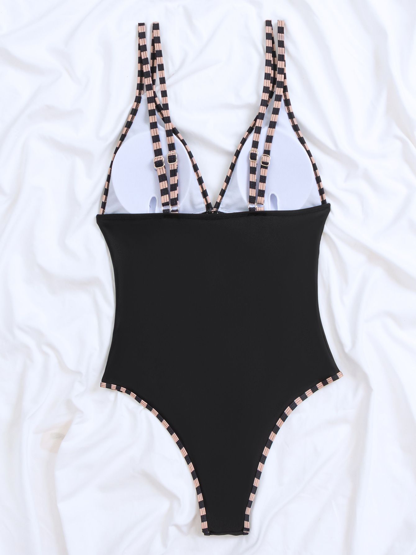 (image for) Women V‑Neck Double Straps Solid One‑Piece Swimsuit, Conservative Tummy Control Bathing Suit