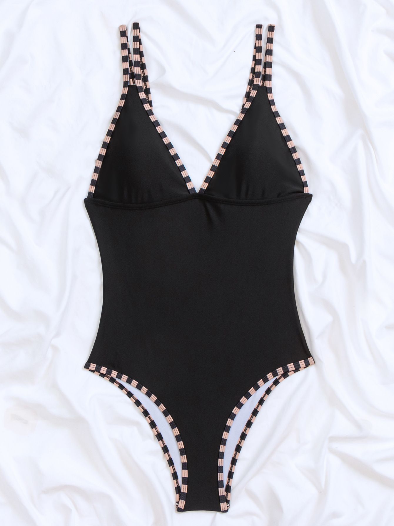 (image for) Women V‑Neck Double Straps Solid One‑Piece Swimsuit, Conservative Tummy Control Bathing Suit