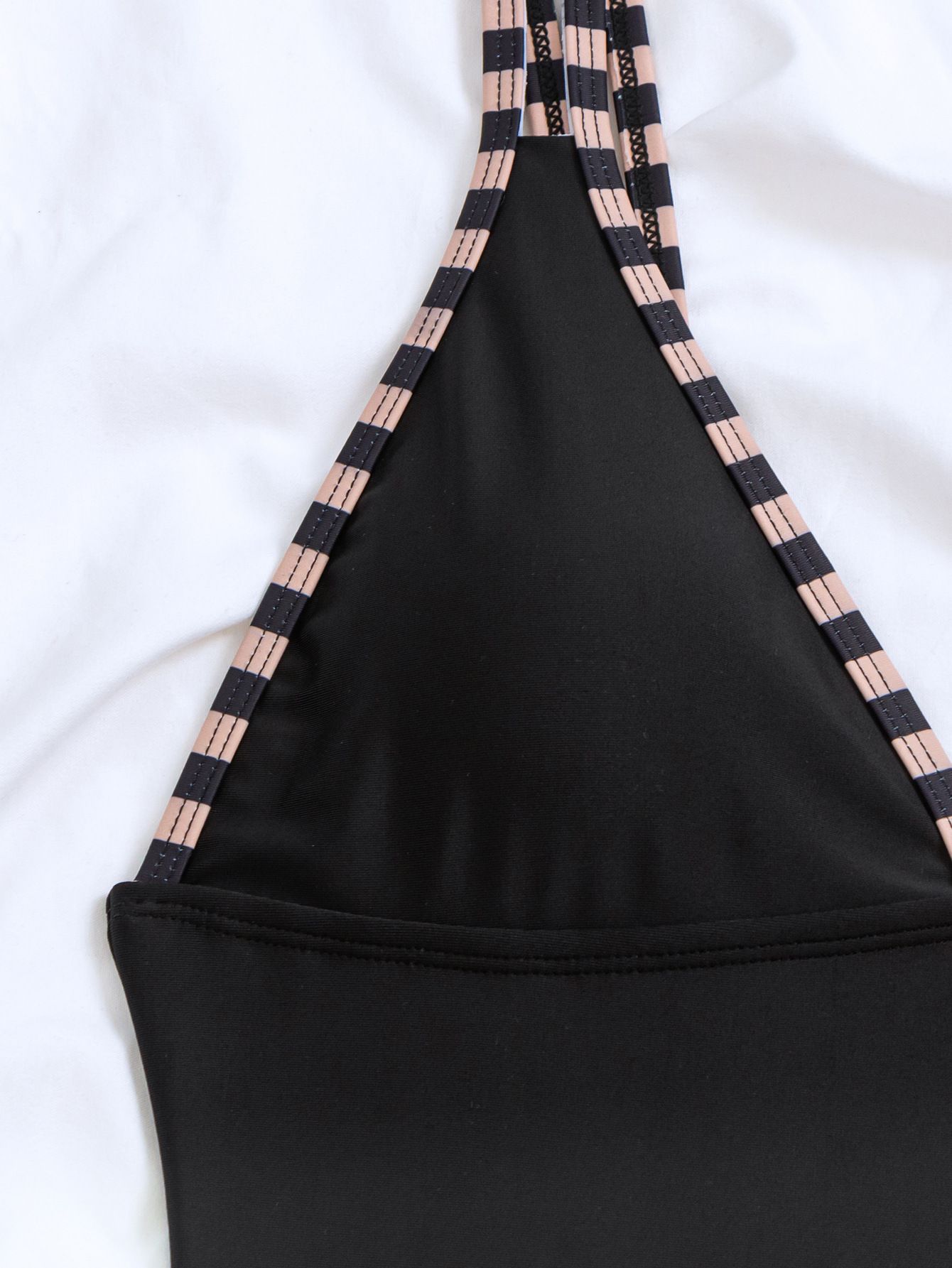 (image for) Women V‑Neck Double Straps Solid One‑Piece Swimsuit, Conservative Tummy Control Bathing Suit