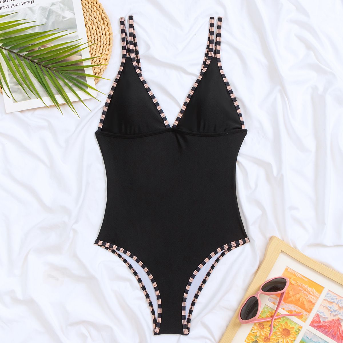 (image for) Women V‑Neck Double Straps Solid One‑Piece Swimsuit, Conservative Tummy Control Bathing Suit