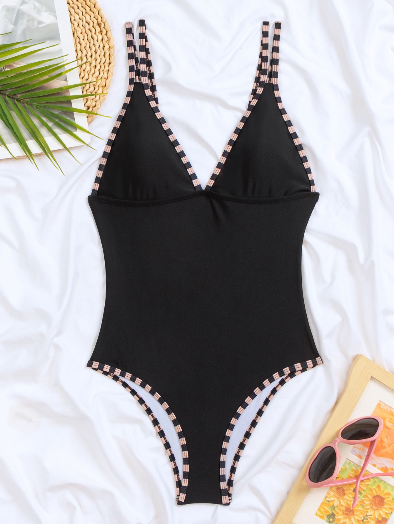 (image for) Women V‑Neck Double Straps Solid One‑Piece Swimsuit, Conservative Tummy Control Bathing Suit