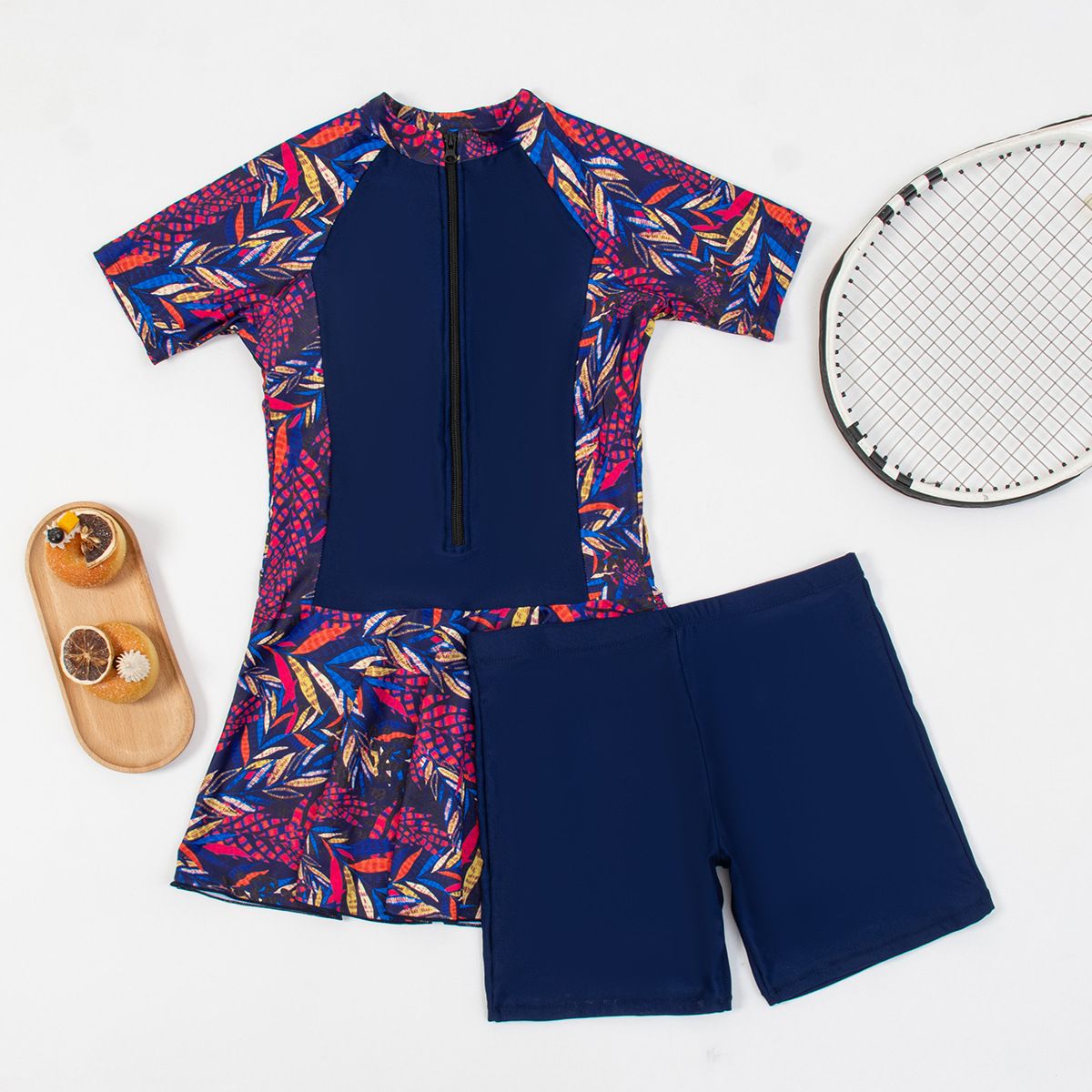 (image for) Women's Two Piece Short Sleeve Rash Guard Skirted Swimsuit, Conservative Surfing Suit