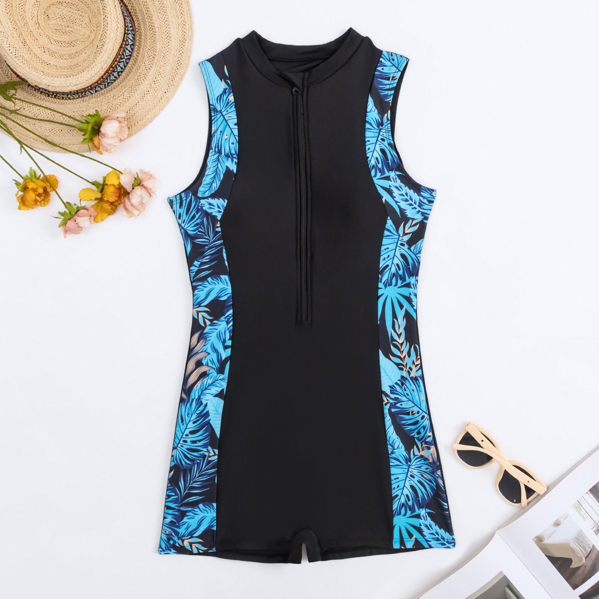 (image for) New Women Sleeveless Printed Color Block Conservative Boy‑Leg One‑Piece Swimsuit Surf Suit