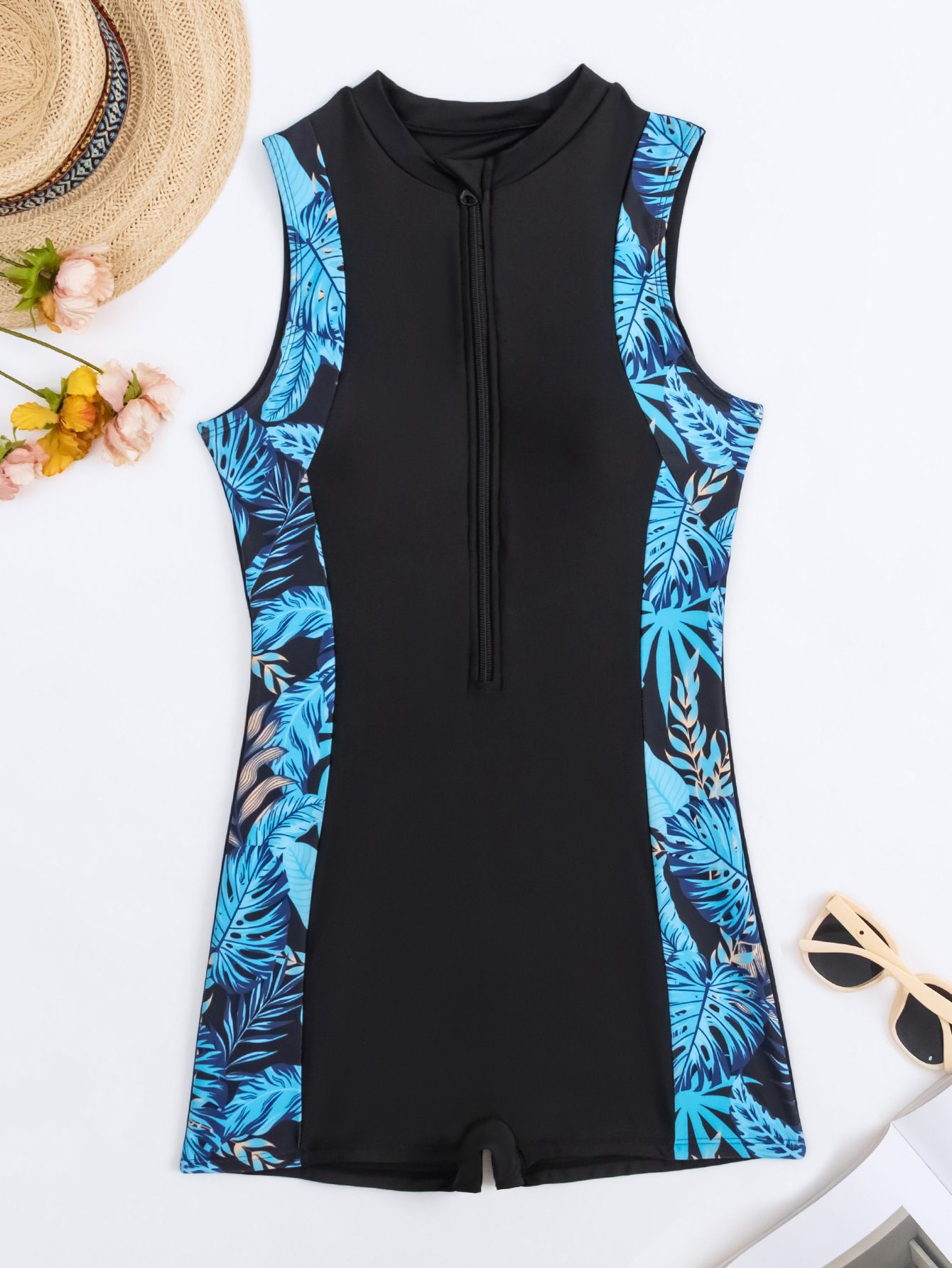 (image for) New Women Sleeveless Printed Color Block Conservative Boy‑Leg One‑Piece Swimsuit Surf Suit