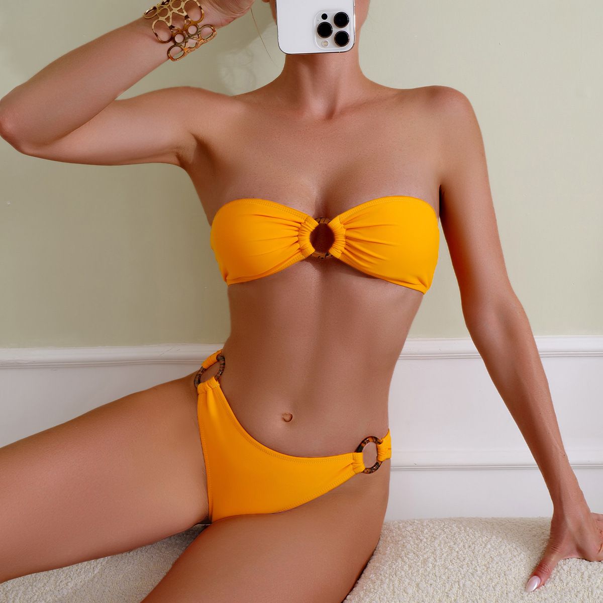 (image for) Solid Bandeau O‑Ring Two‑Piece Bikini Set Cutout Ring Detail High‑Cut Bottom Women Swimsuit