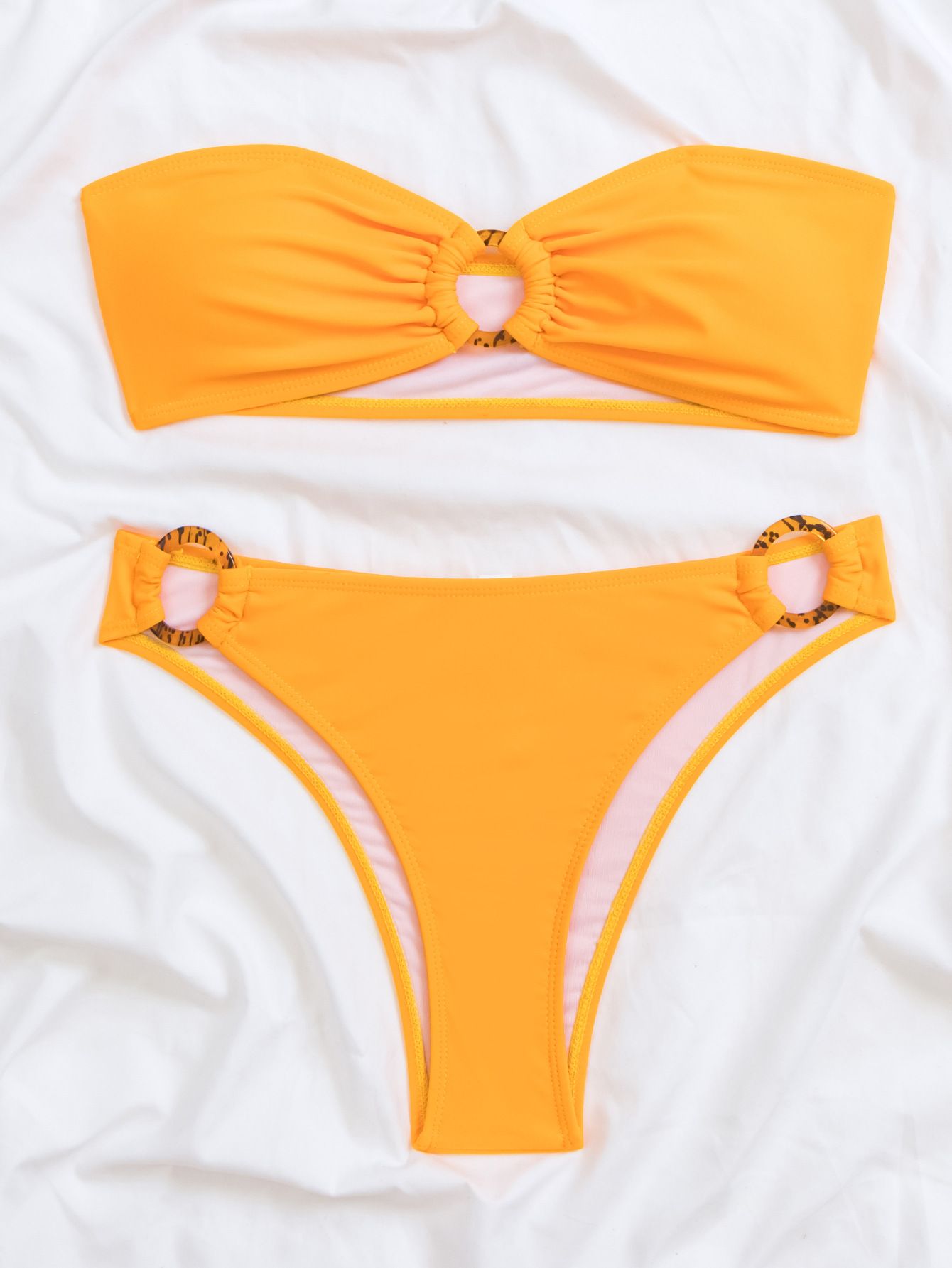 (image for) Solid Bandeau O‑Ring Two‑Piece Bikini Set Cutout Ring Detail High‑Cut Bottom Women Swimsuit