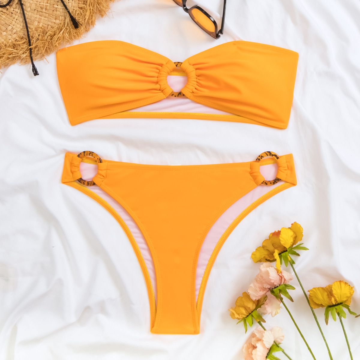 (image for) Solid Bandeau O‑Ring Two‑Piece Bikini Set Cutout Ring Detail High‑Cut Bottom Women Swimsuit
