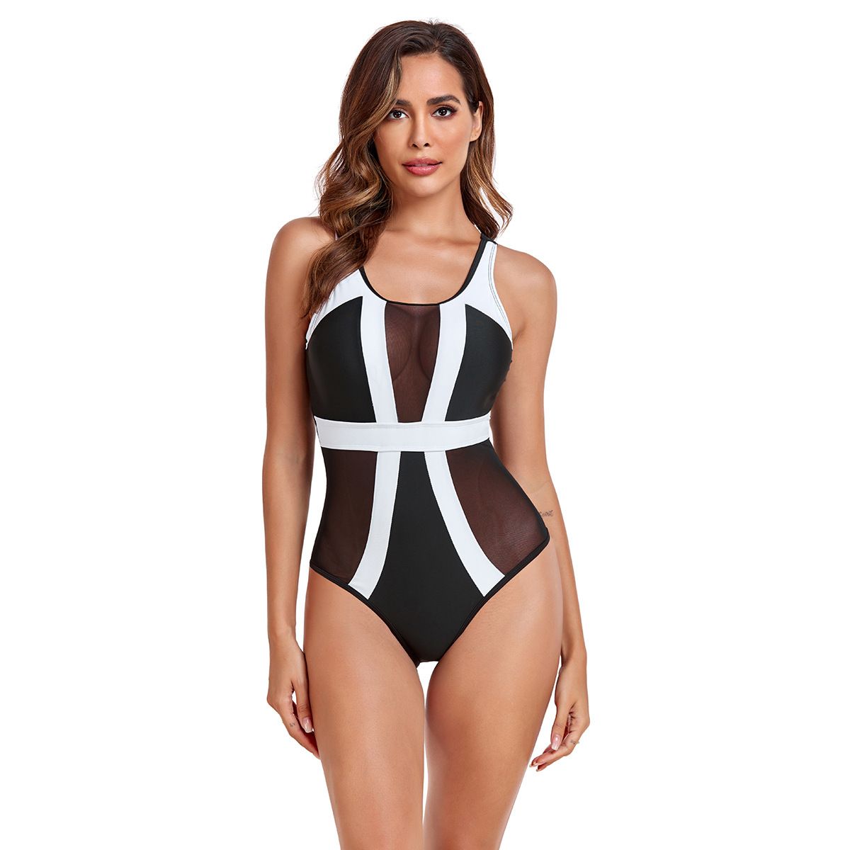 (image for) Women Color Block Mesh Panel One Piece Swimsuit Sleeveless Tank Bathing Suit