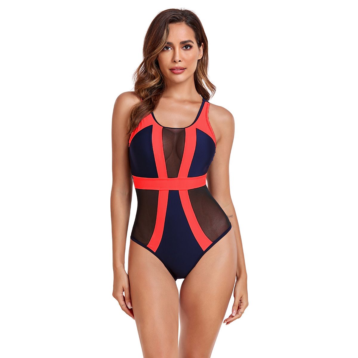 (image for) Women Color Block Mesh Panel One Piece Swimsuit Sleeveless Tank Bathing Suit