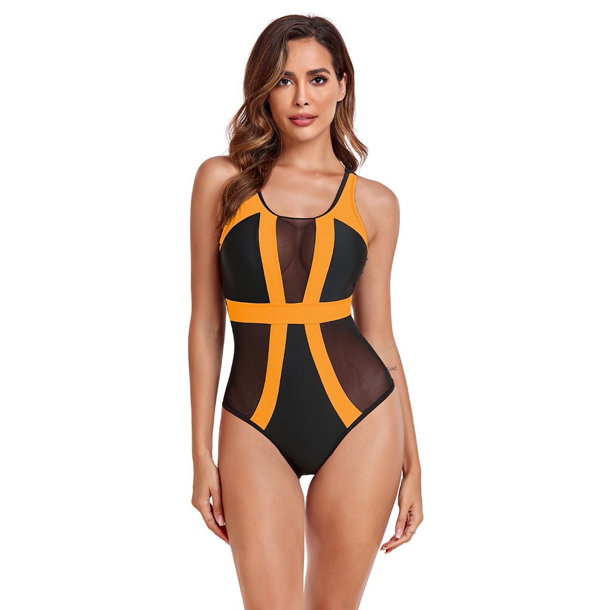 (image for) Women Color Block Mesh Panel One Piece Swimsuit Sleeveless Tank Bathing Suit