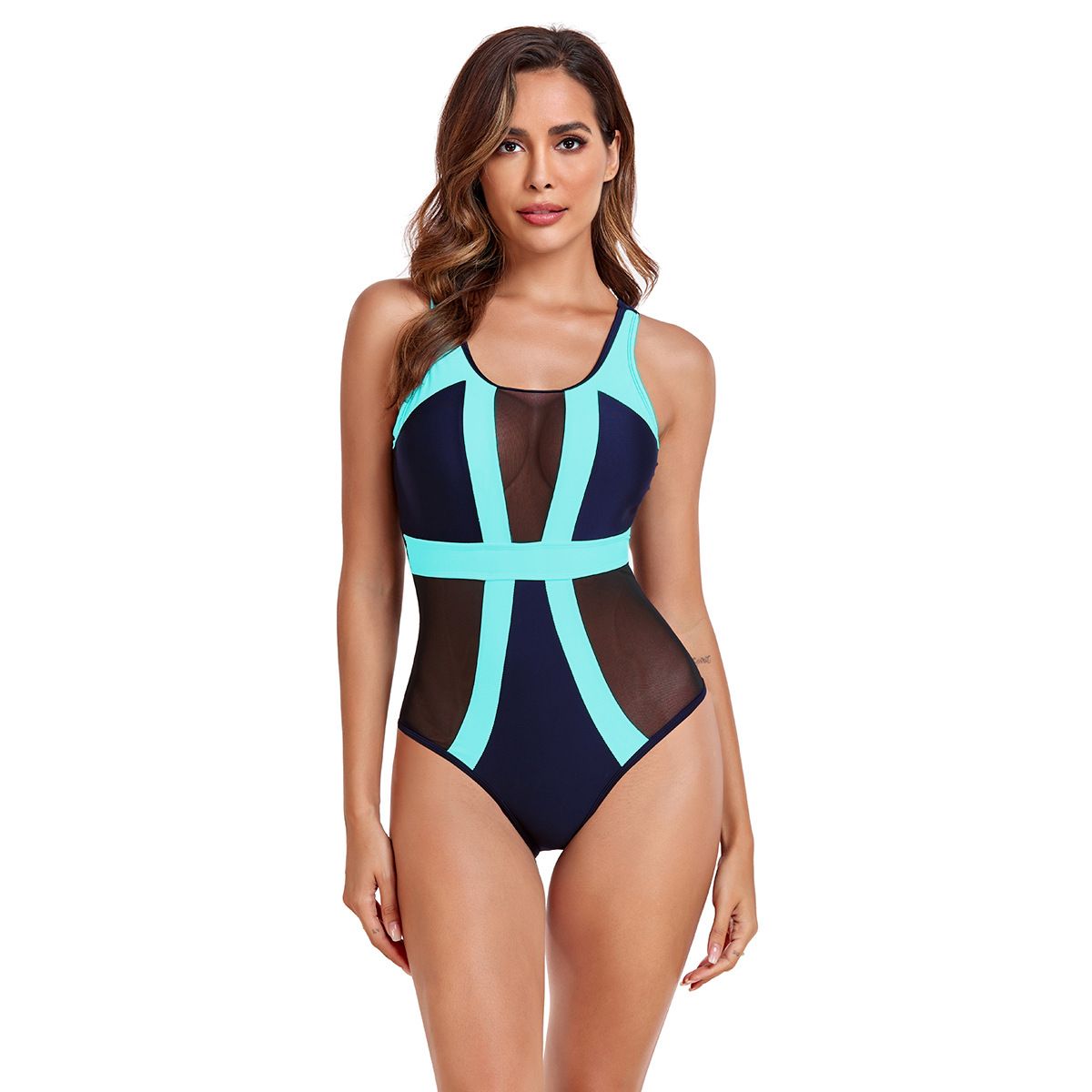 (image for) Women Color Block Mesh Panel One Piece Swimsuit Sleeveless Tank Bathing Suit