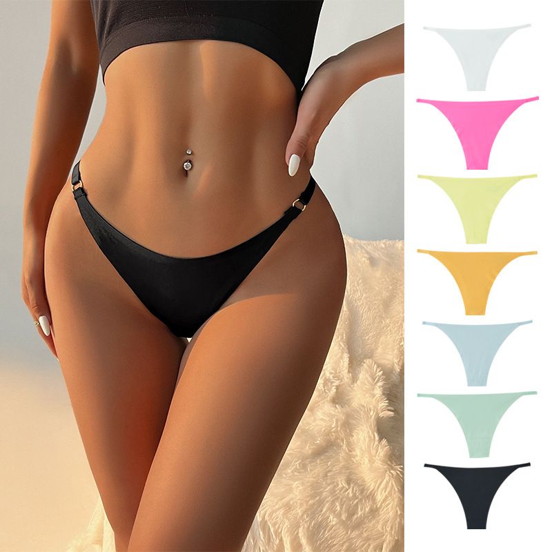 (image for) Women Low Rise Metal Ring Strap One-Piece Ice Silk Thong Panties 100% Cotton Crotch Seamless Quick Dry Breathable Sexy No-Show Everyday Intimates
