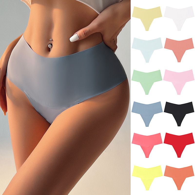 (image for) Women High Waist Seamless Ice Silk Thong Panties No-Show Breathable Tummy Fit Smooth Cotton Crotch Everyday Sport Intimates