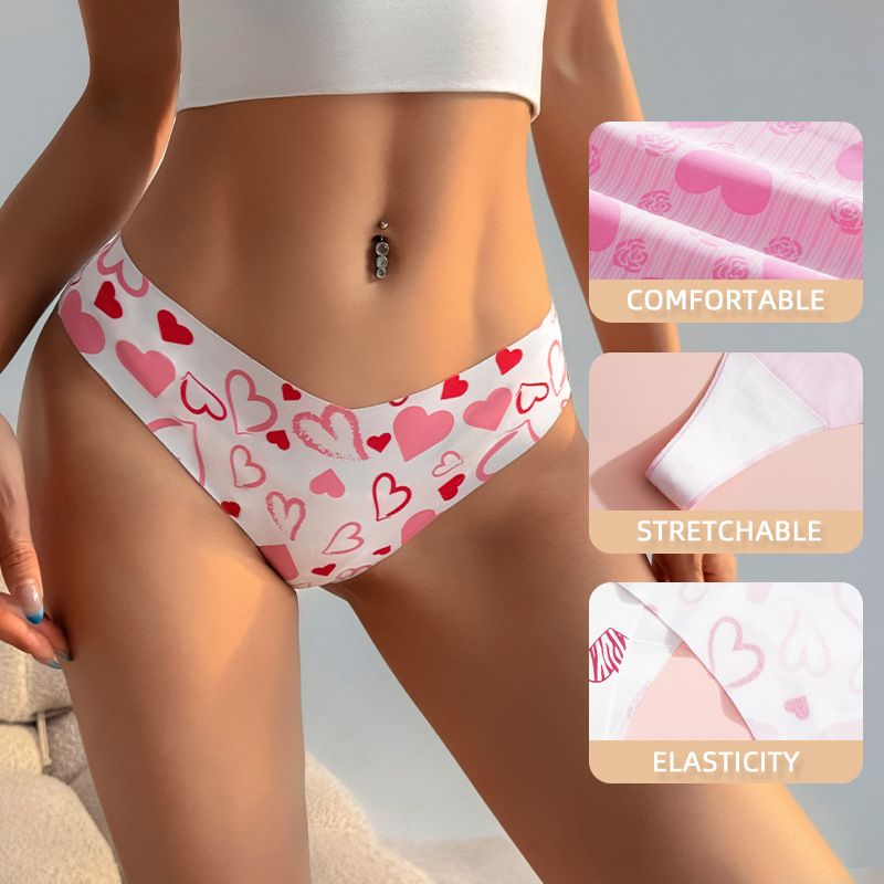 (image for) Women Digital Heart Floral Print Low Rise Seamless Brief Panties Breathable Stretchy Nylon Yoga No-Show Everyday Intimates