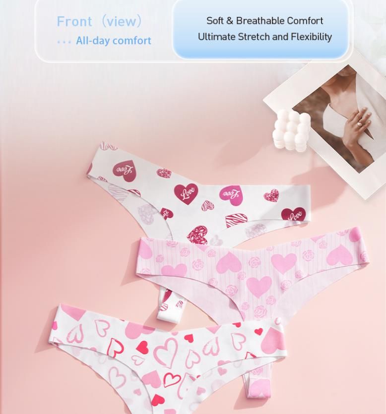 (image for) Women Digital Heart Floral Print Low Rise Seamless Brief Panties Breathable Stretchy Nylon Yoga No-Show Everyday Intimates