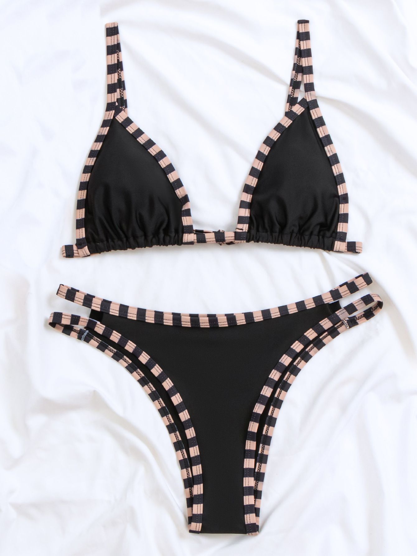 (image for) Women Striped Trim Triangle Bikini Set Two Piece Swimsuit