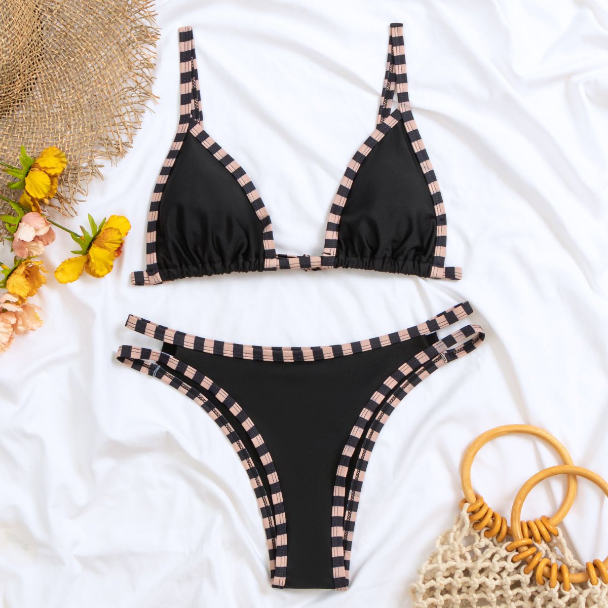 (image for) Women Striped Trim Triangle Bikini Set Two Piece Swimsuit