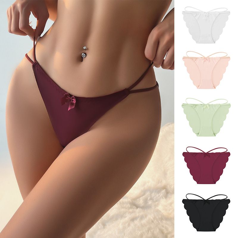 (image for) Women's Mid-Rise Thin Strap Bow Detail Ice Silk Triangle Briefs 100% Cotton Crotch Seamless Butt Lifting Breathable Everyday Intimates