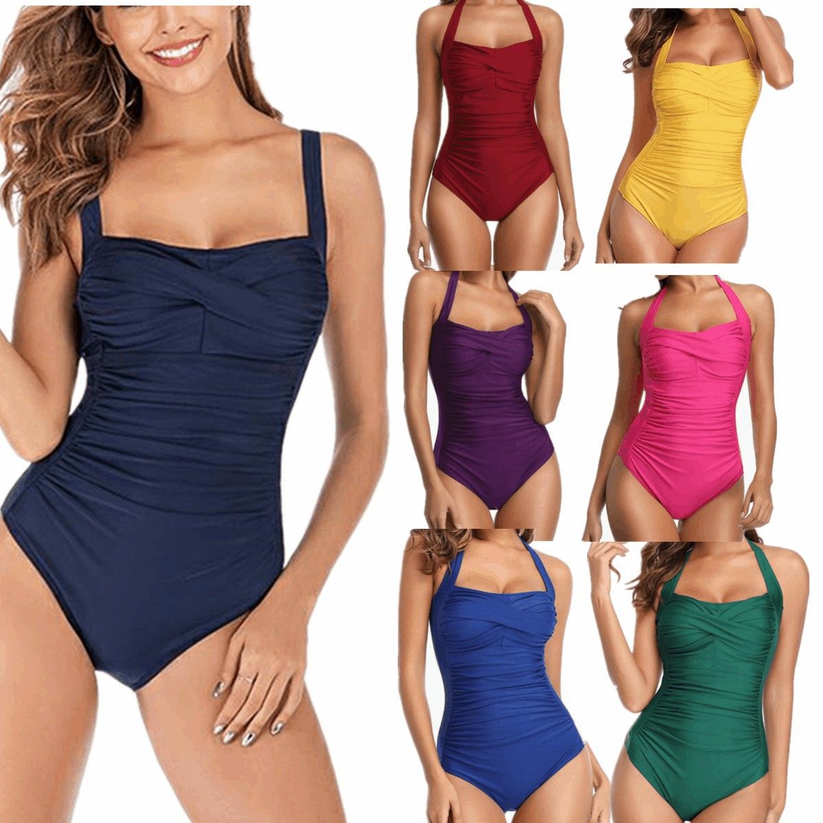(image for) Women Solid Color Ruched One‑Piece Swimsuit Conservative Tummy Control Bathing Suit