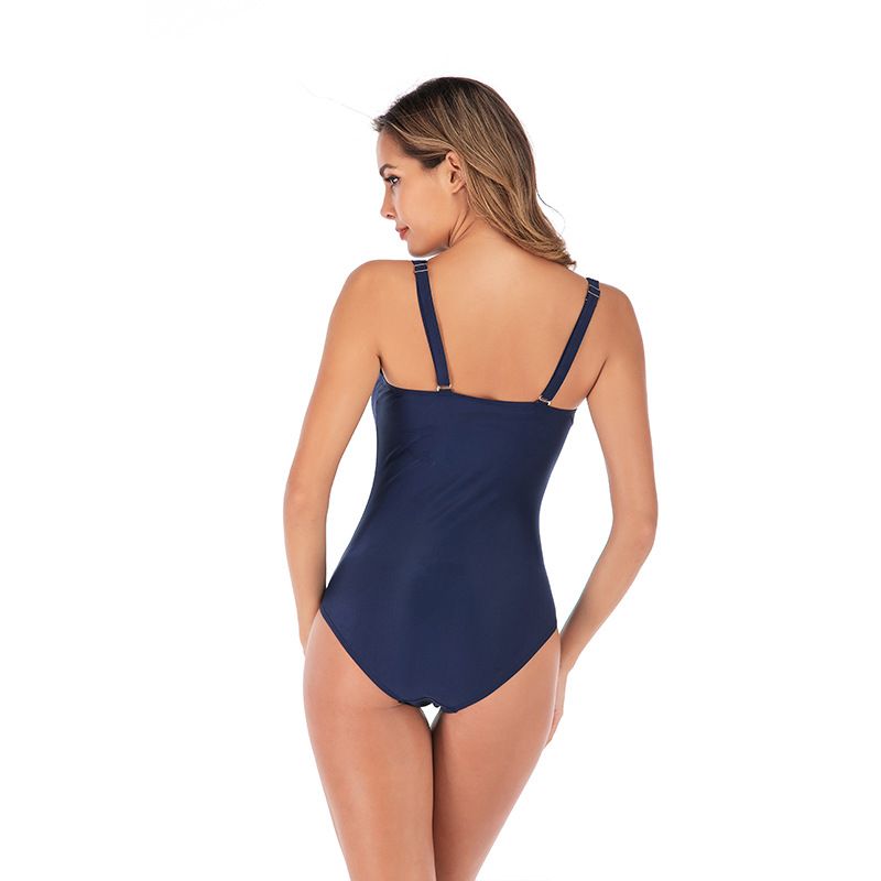 (image for) Women Solid Color Ruched One‑Piece Swimsuit Conservative Tummy Control Bathing Suit