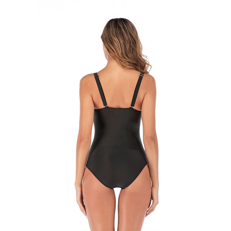 (image for) Women Solid Color Ruched One‑Piece Swimsuit Conservative Tummy Control Bathing Suit