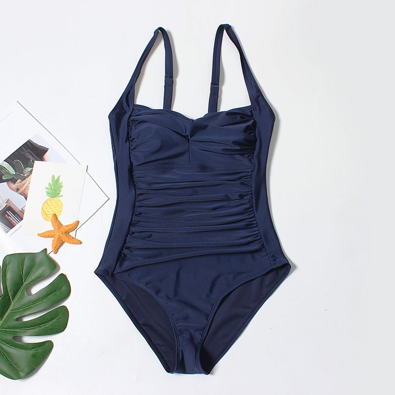 (image for) Women Solid Color Ruched One‑Piece Swimsuit Conservative Tummy Control Bathing Suit