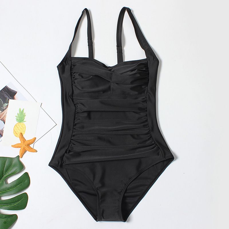 (image for) Women Solid Color Ruched One‑Piece Swimsuit Conservative Tummy Control Bathing Suit