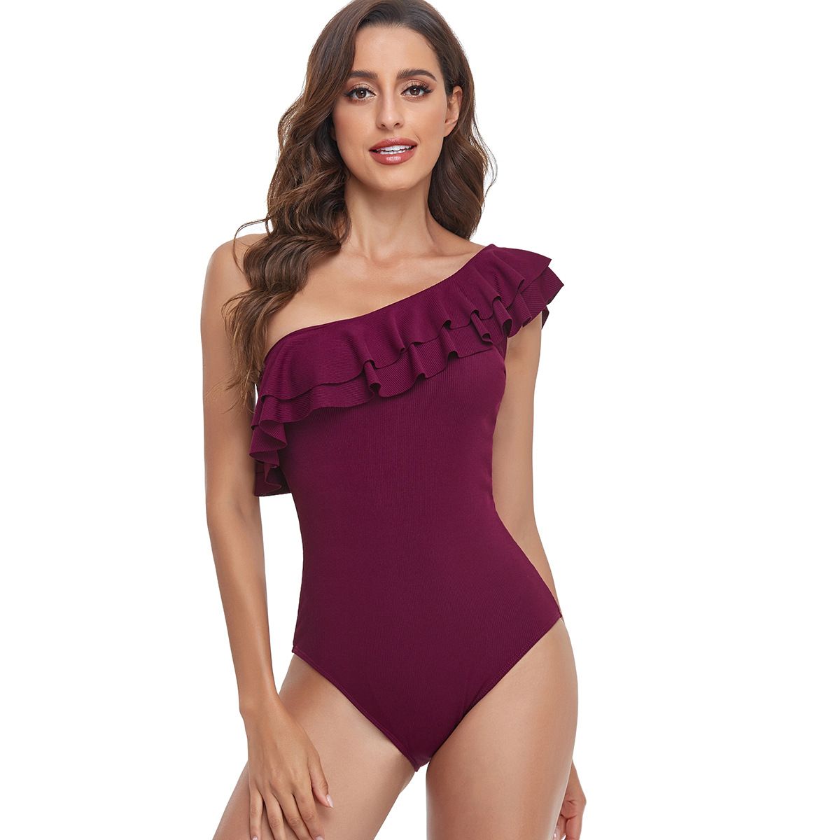 (image for) Women One‑Shoulder Ruffle Ribbed One‑Piece Swimsuit Solid Color Bathing Suit