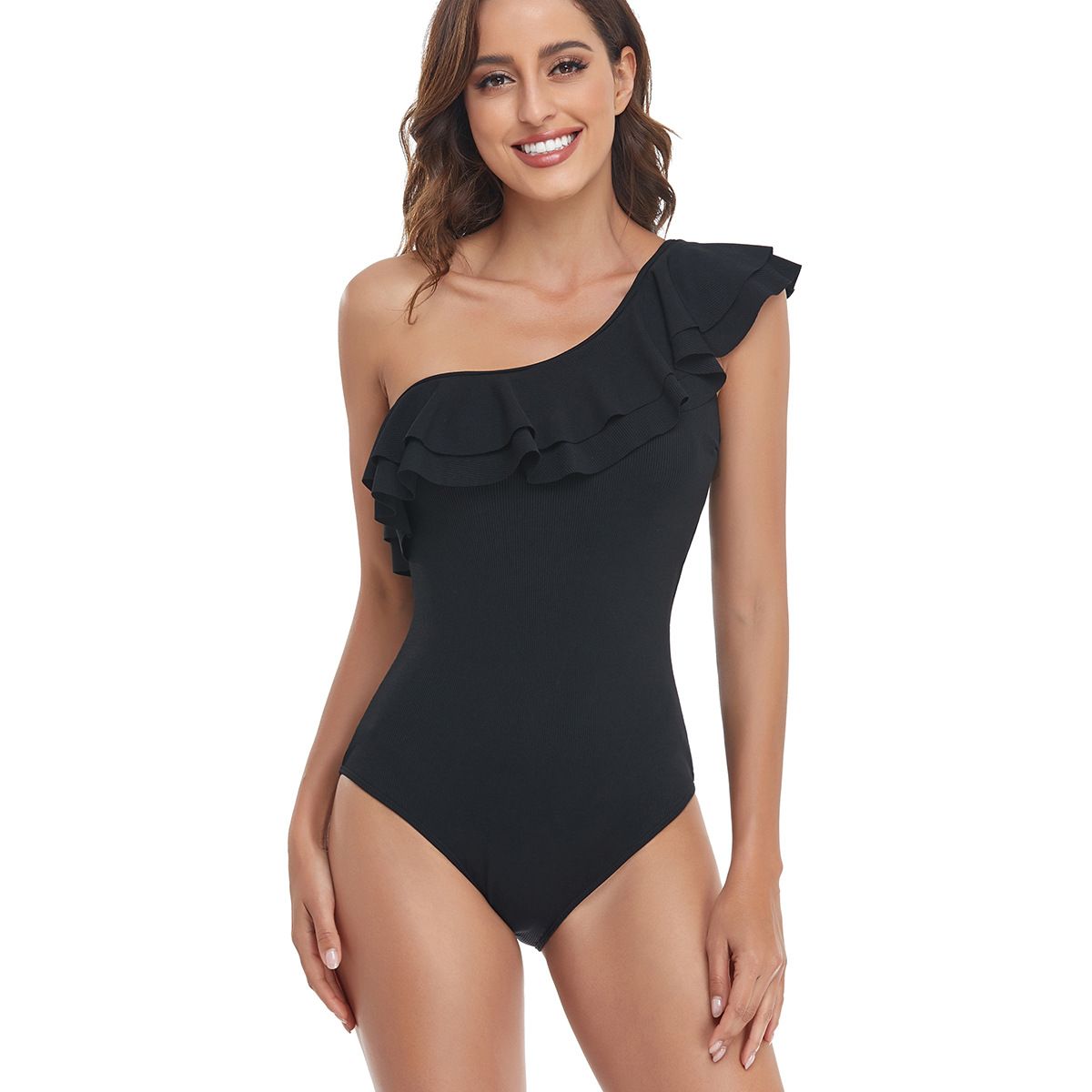 (image for) Women One‑Shoulder Ruffle Ribbed One‑Piece Swimsuit Solid Color Bathing Suit