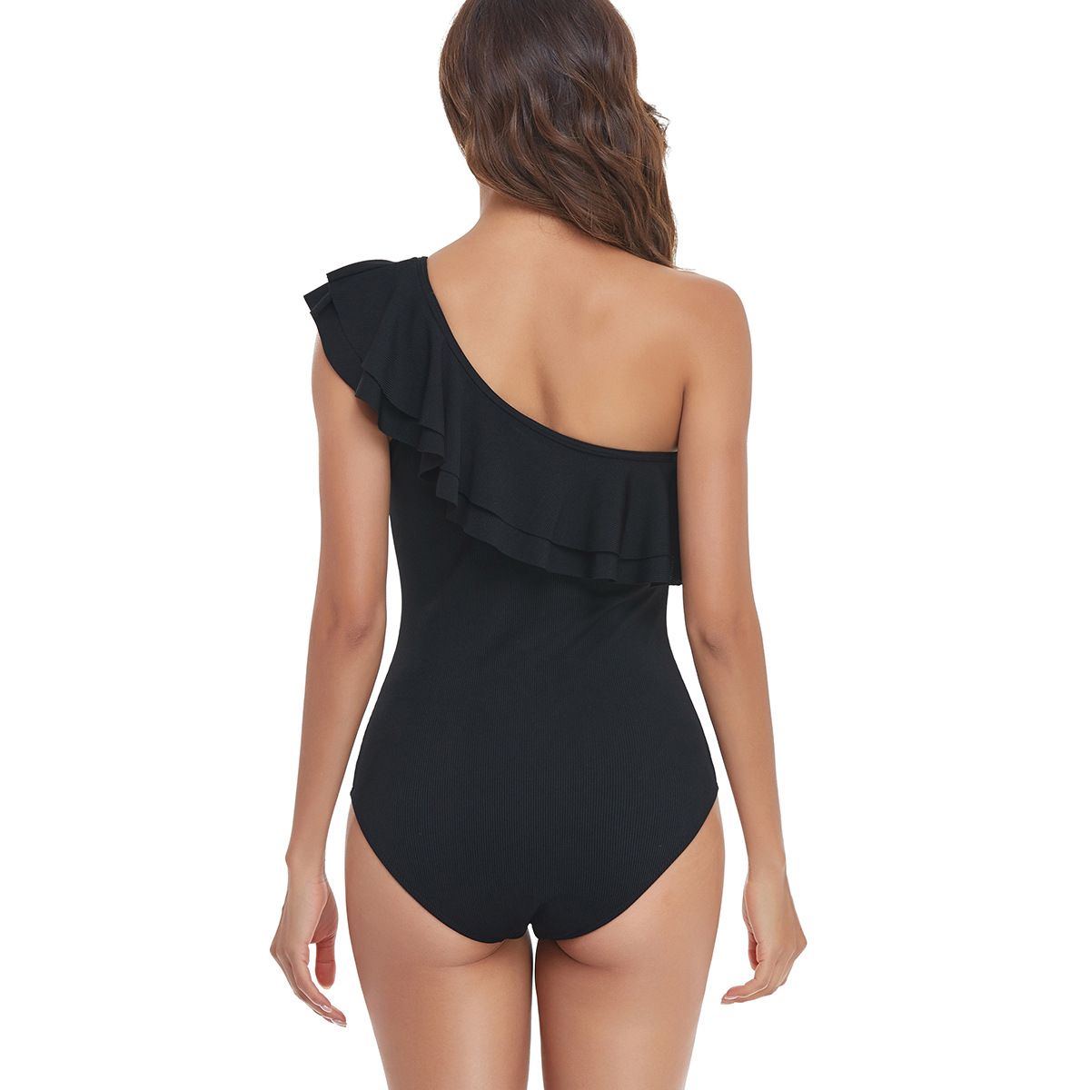 (image for) Women One‑Shoulder Ruffle Ribbed One‑Piece Swimsuit Solid Color Bathing Suit