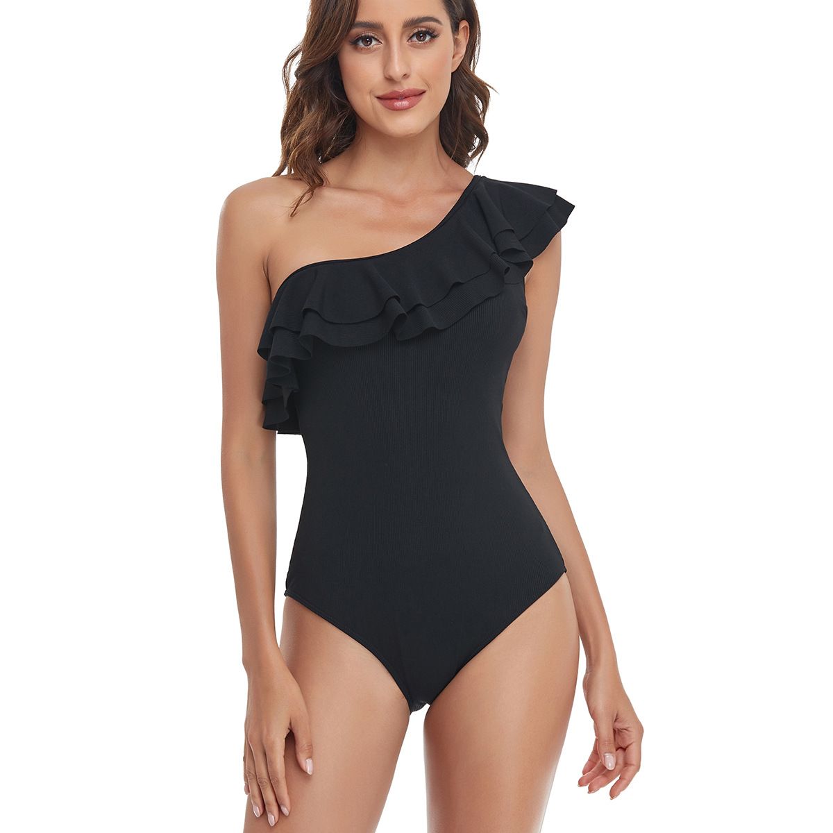 (image for) Women One‑Shoulder Ruffle Ribbed One‑Piece Swimsuit Solid Color Bathing Suit