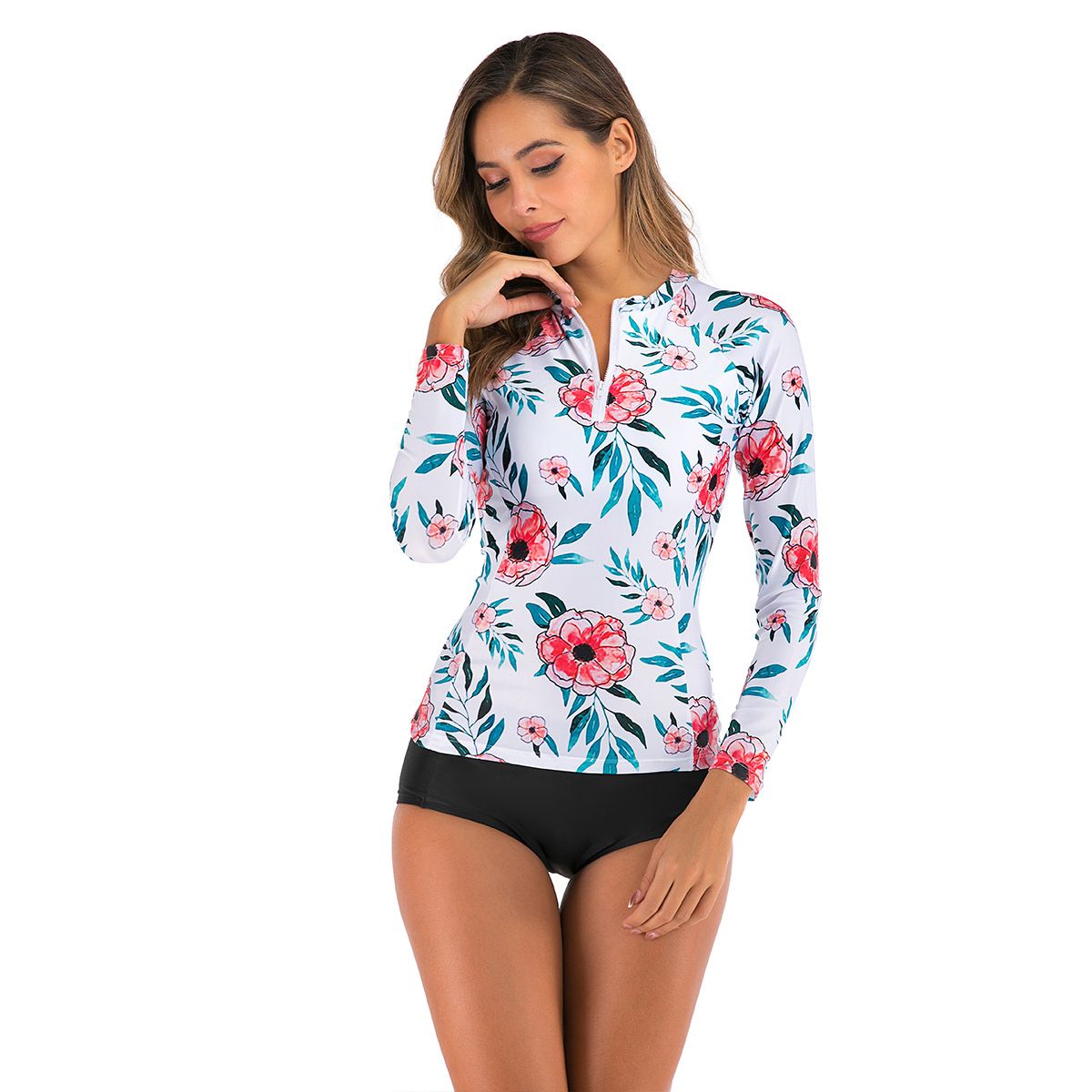 (image for) New Long‑Sleeve Floral Print Rash Guard Split Bikini Swimsuit For Women