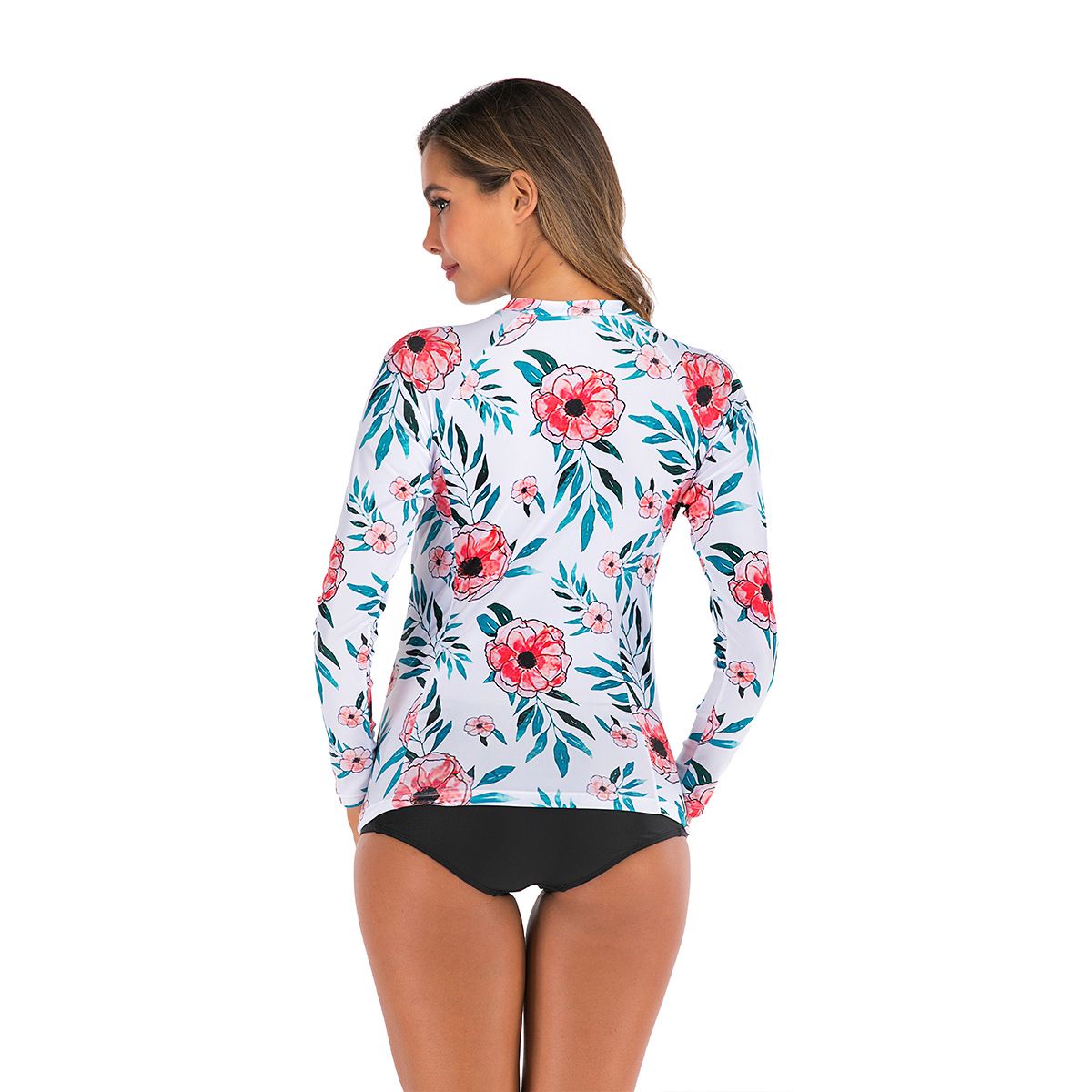 (image for) New Long‑Sleeve Floral Print Rash Guard Split Bikini Swimsuit For Women