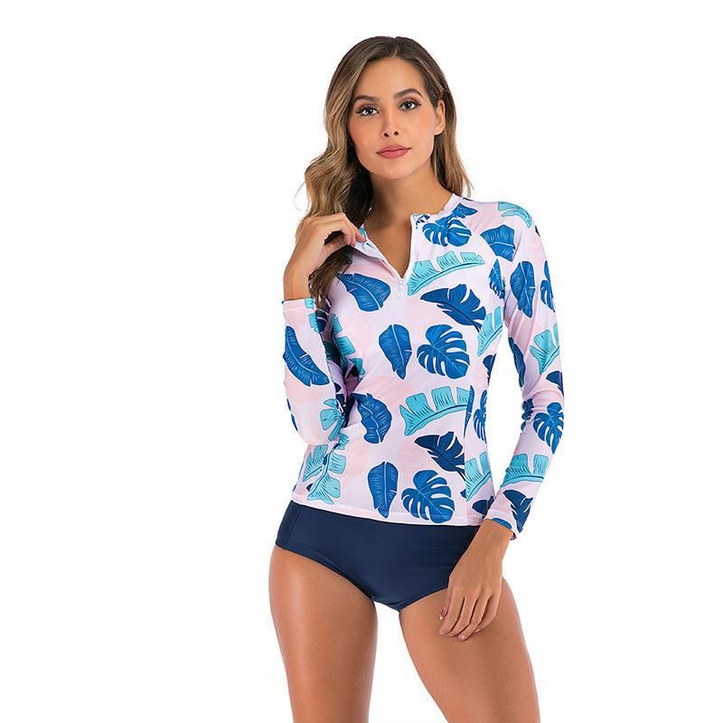(image for) New Long‑Sleeve Floral Print Rash Guard Split Bikini Swimsuit For Women