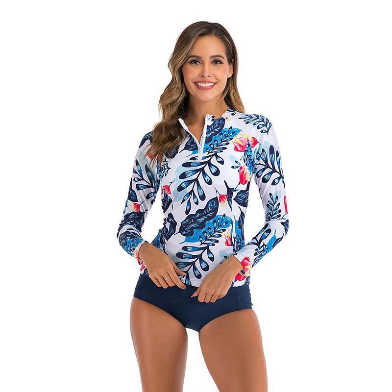 (image for) New Long‑Sleeve Floral Print Rash Guard Split Bikini Swimsuit For Women