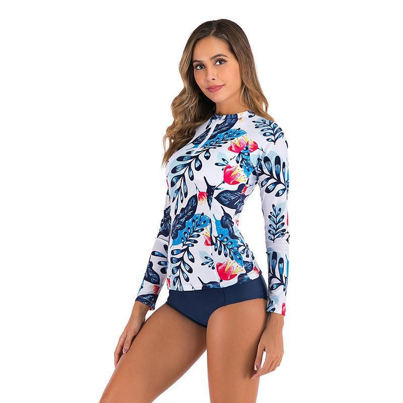 (image for) New Long‑Sleeve Floral Print Rash Guard Split Bikini Swimsuit For Women
