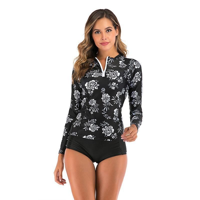 (image for) New Long‑Sleeve Floral Print Rash Guard Split Bikini Swimsuit For Women