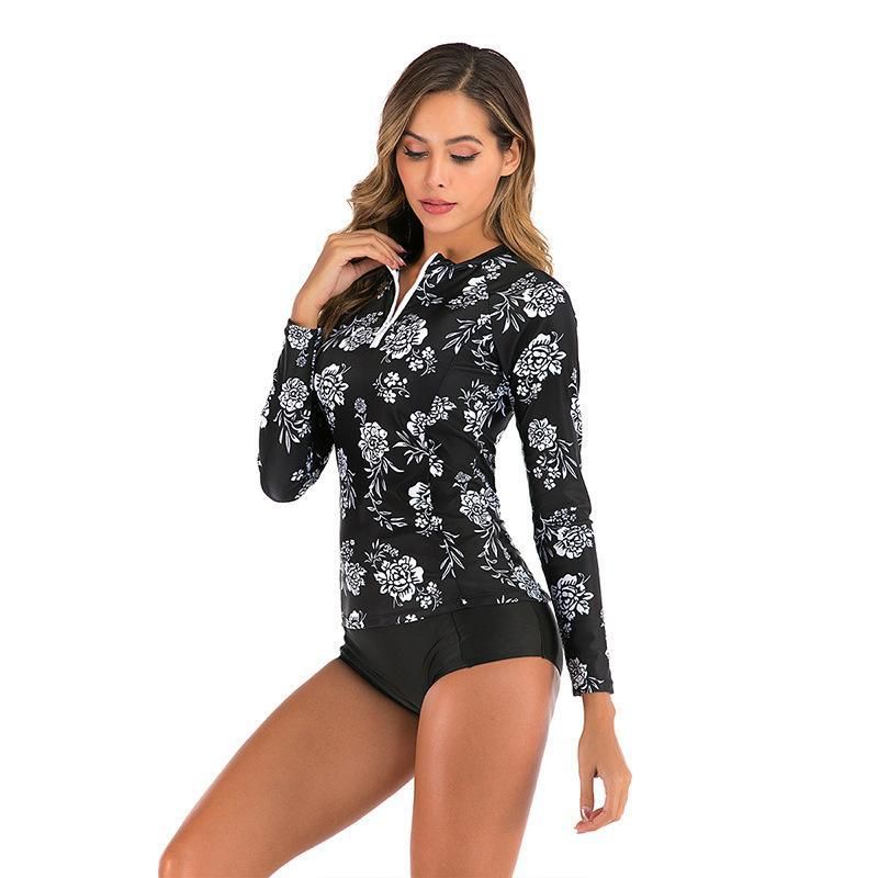 (image for) New Long‑Sleeve Floral Print Rash Guard Split Bikini Swimsuit For Women