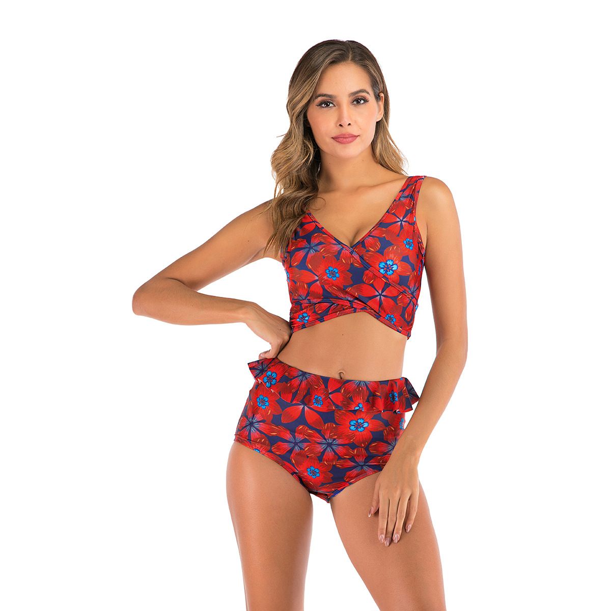 (image for) Floral Print Ruffled High Waist Two‑Piece Bikini Set V‑Neck Women Swimsuit