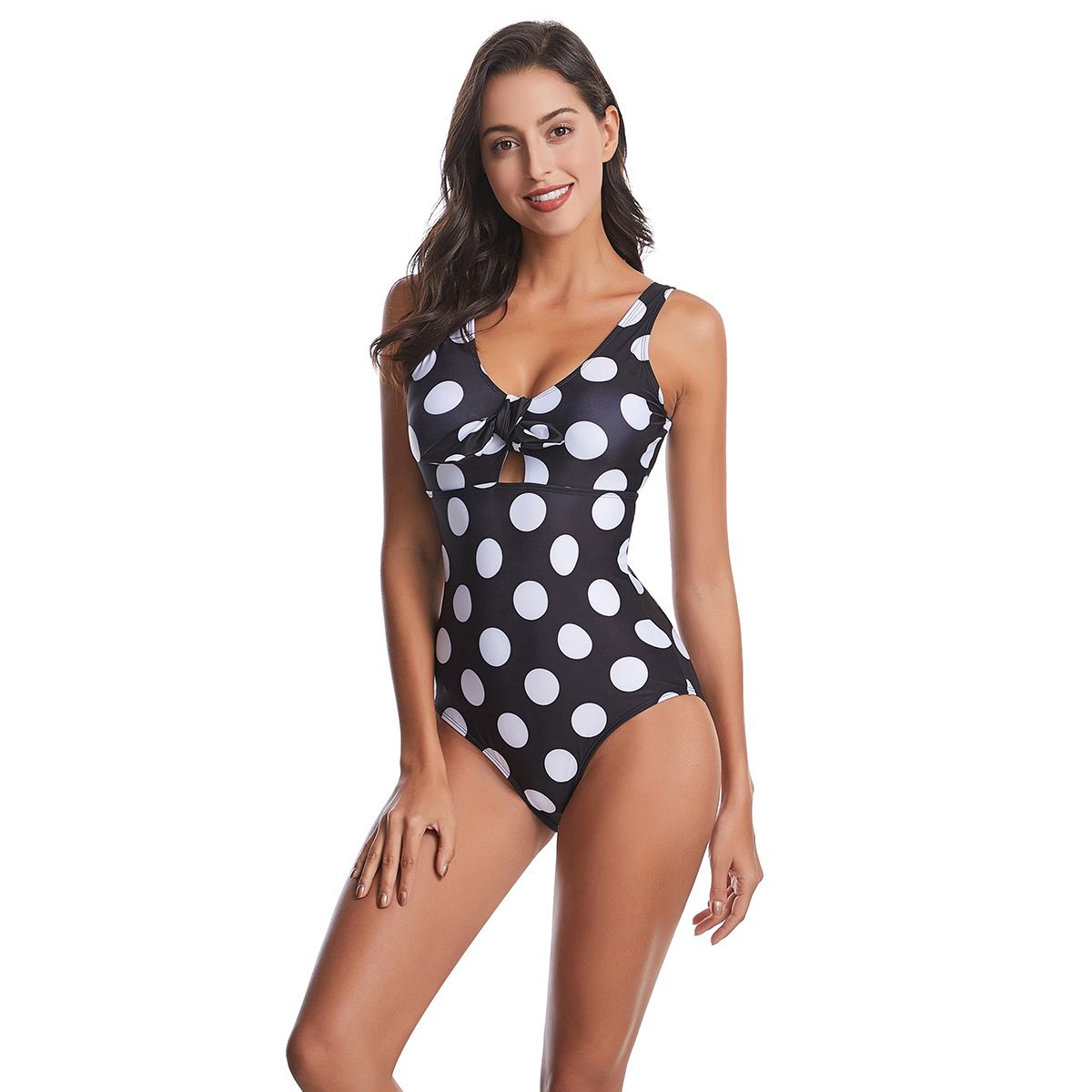 (image for) Women Vintage Polka Dot One‑Piece Swimsuit V‑Neck Bow Conservative Bathing Suit