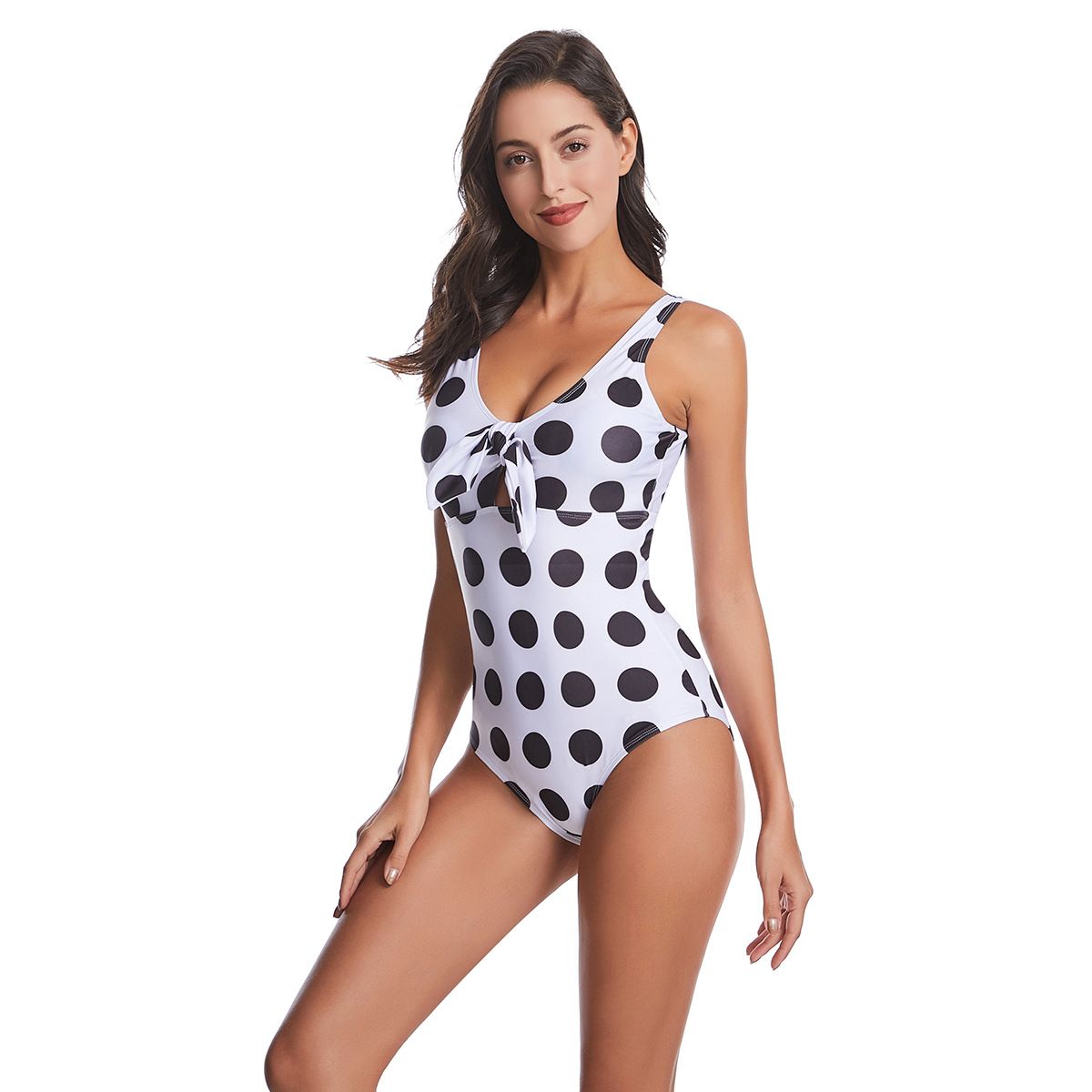 (image for) Women Vintage Polka Dot One‑Piece Swimsuit V‑Neck Bow Conservative Bathing Suit