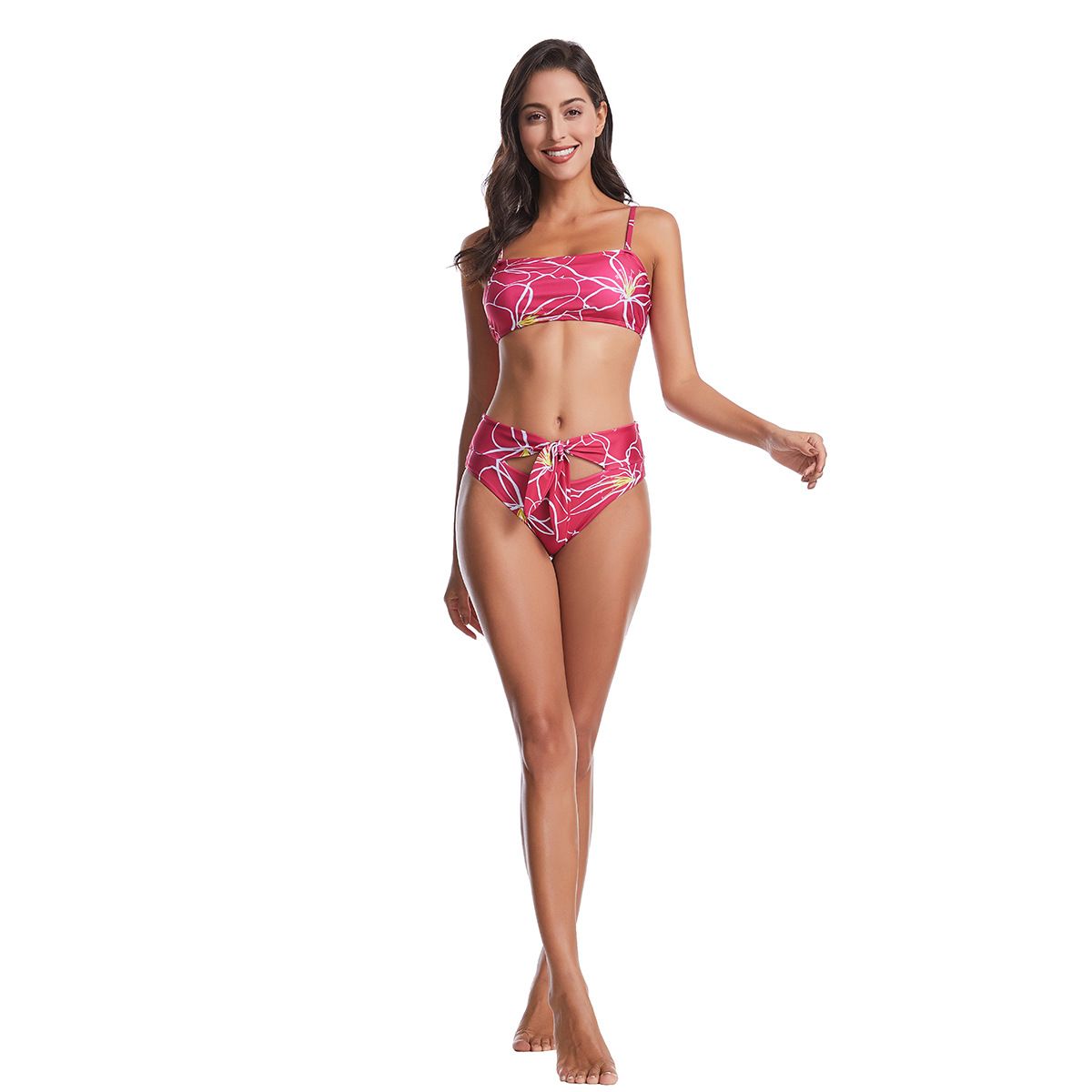 (image for) Floral Print Tie‑Knot Bikini Set Spaghetti Strap Bandeau Two‑Piece Women Swimsuit